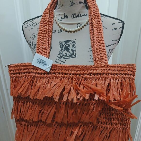 The Last Straw Fringe Straw Tote Bag in Burnt Orange - Picture 6 of 6